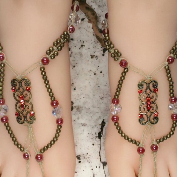 NEW  Red, Gold, and Crystal Barefoot Sandals. - Picture 4 of 6